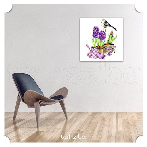 تابلو نقاشی پرنده و گلدان گل